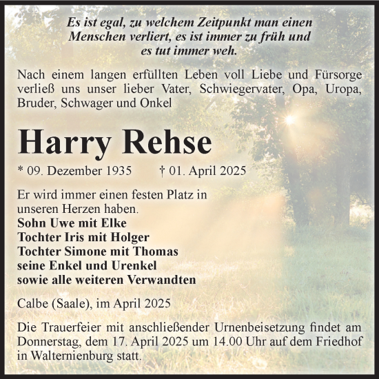 Traueranzeige von Harry Rehse von Volksstimme Schönebeck
