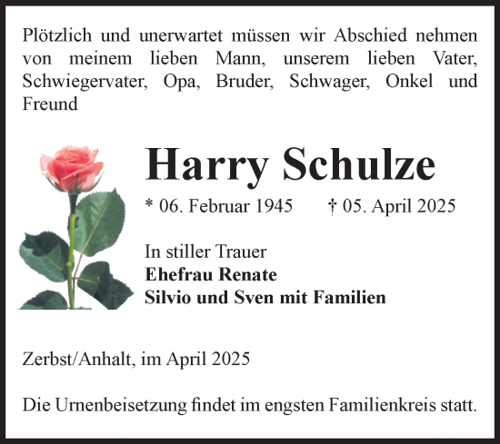 Traueranzeige von Harry Schulze von Volksstimme Zerbst