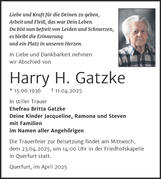Traueranzeige von Harry H. Gatzke von Trauerkombi Merseburg