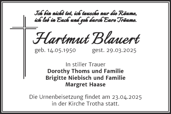 Traueranzeige von Hartmut Blauert von Mitteldeutsche Zeitung Halle/Saalkreis