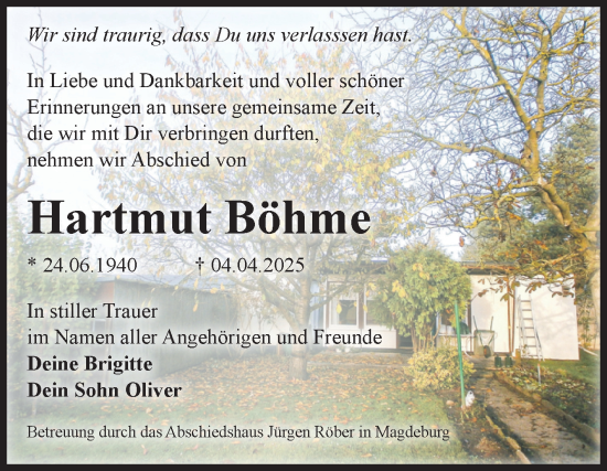 Traueranzeige von Hartmut Böhme von Volksstimme Magdeburg