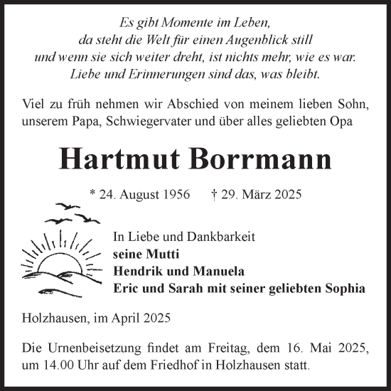Traueranzeige von Hartmut Borrmann von Volksstimme Altmark Ost
