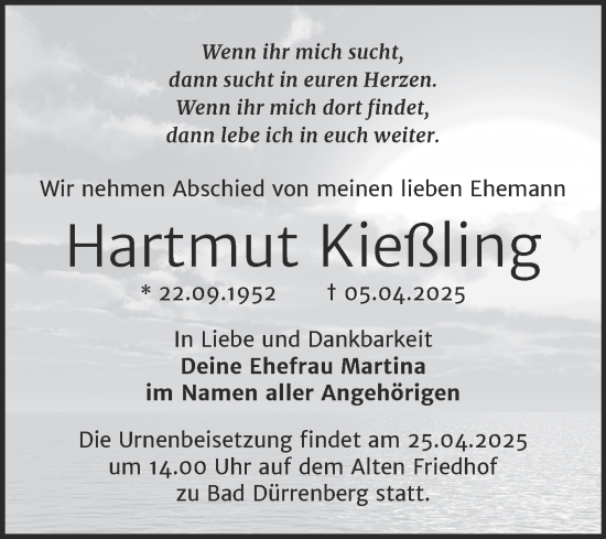 Traueranzeige von Hartmut Kießling von Trauerkombi Merseburg