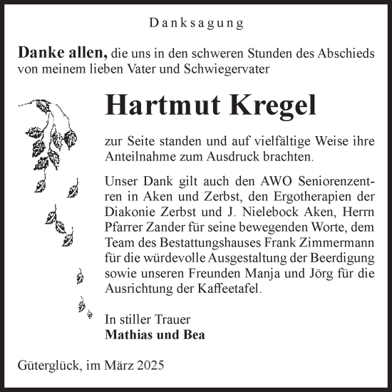 Traueranzeige von Hartmut Kregel von Volksstimme Zerbst