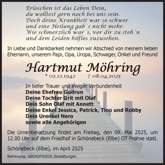 Traueranzeige von Hartmut Möhring von Volksstimme Magdeburg