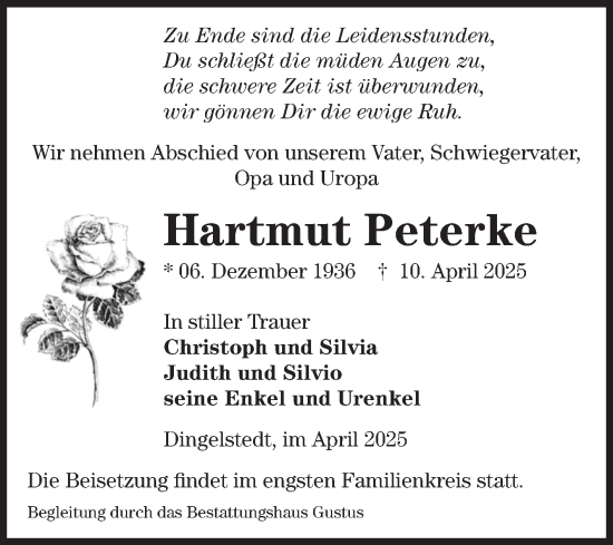 Traueranzeige von Hartmut Peterke von Volksstimme Halberstadt