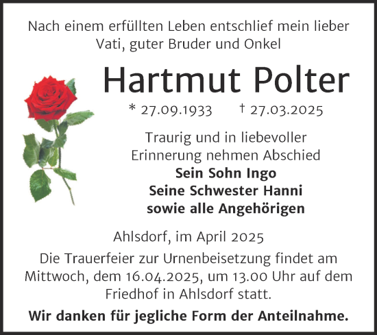 Traueranzeige von Hartmut Polter von Trauerkombi Mansfelder Land