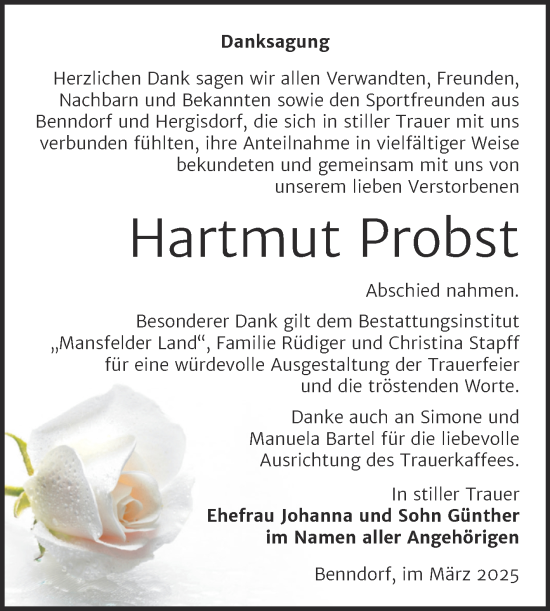 Traueranzeige von Hartmut Probst von Trauerkombi Mansfelder Land