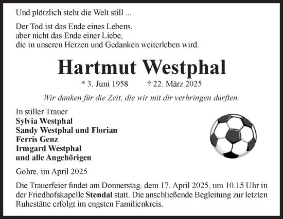 Traueranzeige von Hartmut Westphal von Volksstimme Altmark Ost