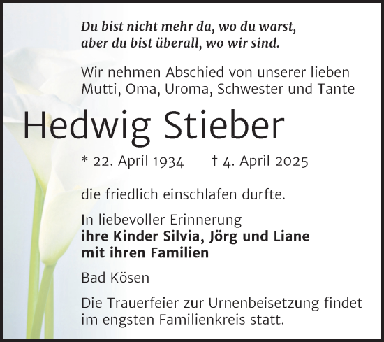 Traueranzeige von Hedwig Stieber von Super Sonntag Naumburg/Nebra