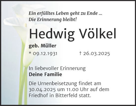 Traueranzeige von Hedwig Völkel von Trauerkombi Bitterfeld