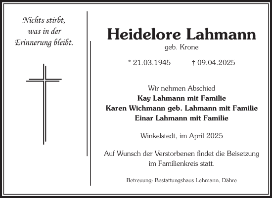 Traueranzeige von Heidelore Lahmann von Volksstimme Altmark West