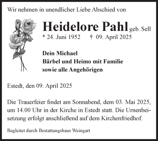 Traueranzeige von Heidelore Pahl von Volksstimme Altmark West