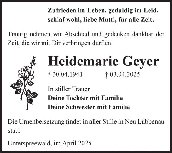 Traueranzeige von Heidemarie Geyer von Super Sonntag Dessau-Roßlau