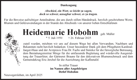 Traueranzeige von Heidemarie Hobohm von Volksstimme Oschersleben/Wanzleben