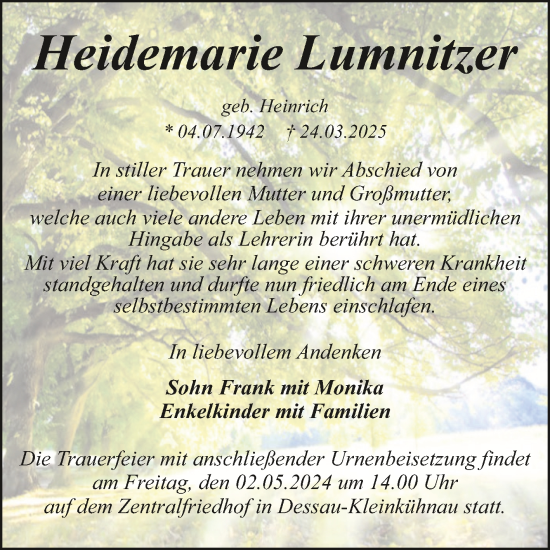 Traueranzeige von Heidemarie Lumnitzer von Trauerkombi Dessau