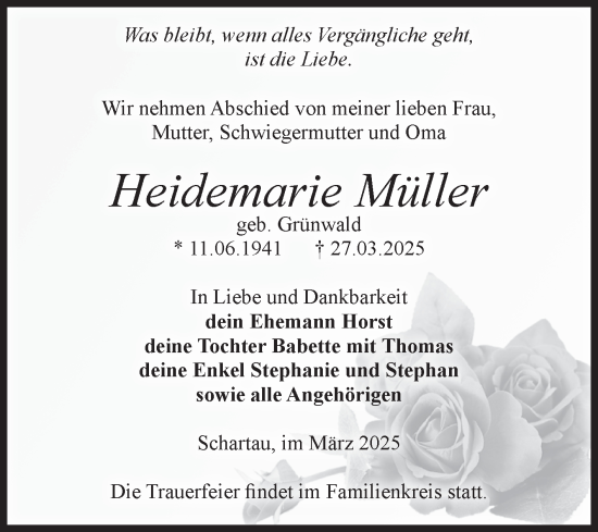 Traueranzeige von Heidemarie Müller von Volksstimme Burg/Genthin