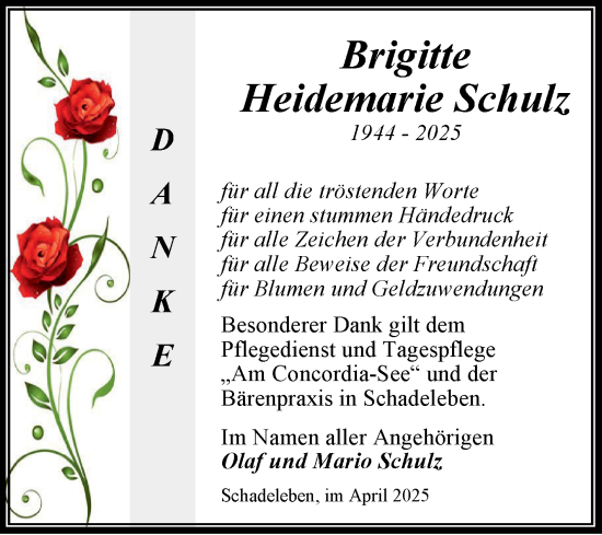 Traueranzeige von Heidemarie Schulz von Trauerkombi Aschersleben