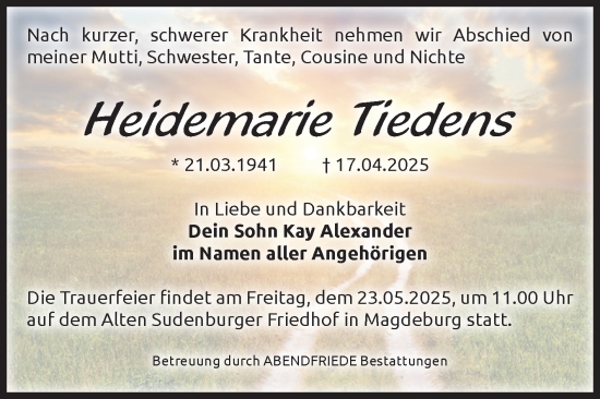 Traueranzeige von Heidemarie Tiedens von Volksstimme Magdeburg