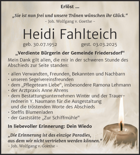Traueranzeige von Heidi Fahlteich von Trauerkombi Bitterfeld