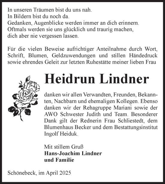 Traueranzeige von Heidrun Lindner von Volksstimme Schönebeck