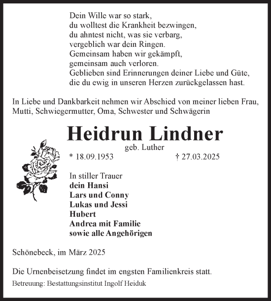 Traueranzeige von Heidrun Lindner von Volksstimme Schönebeck