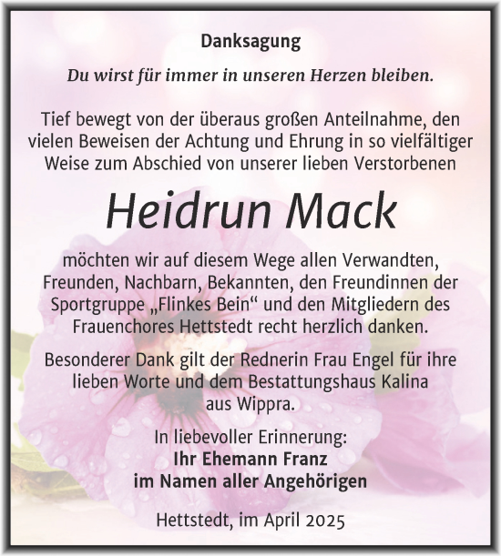 Traueranzeige von Heidrun Mack von Trauerkombi Mansfelder Land
