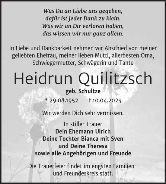Traueranzeige von Heidrun Quilitzsch von Trauerkombi Bitterfeld