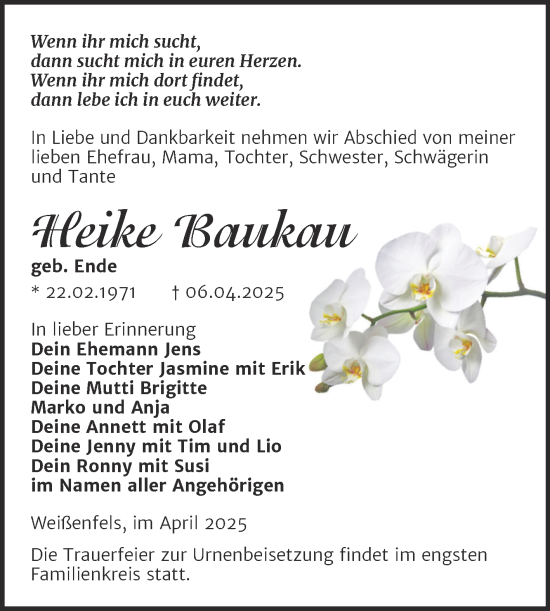 Traueranzeige von Heike Baukau von Trauerkombi Weißenfels
