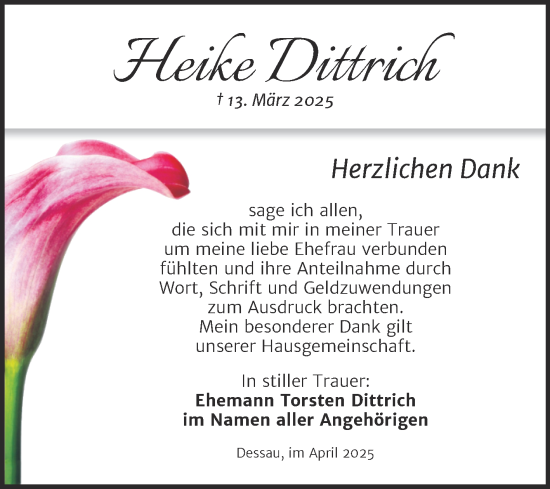Traueranzeige von Heike Dittrich von Trauerkombi Dessau