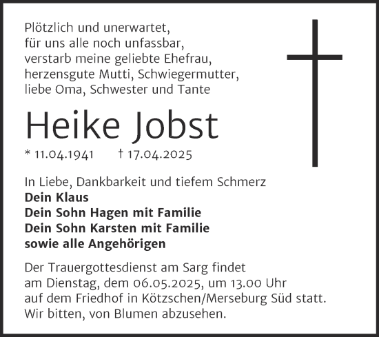 Traueranzeige von Heike Jobst von Trauerkombi Merseburg