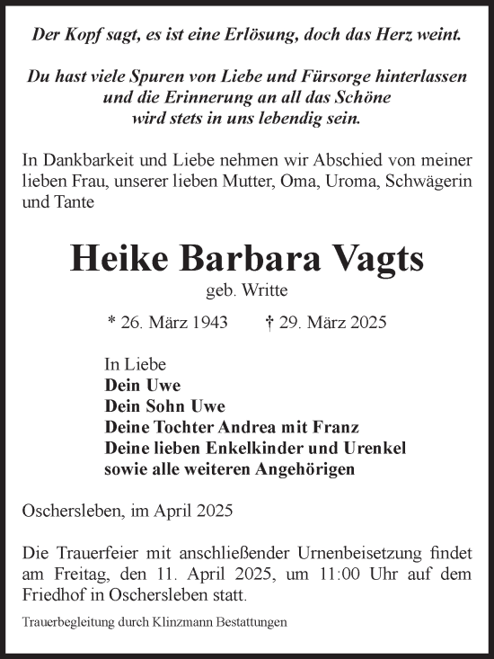 Traueranzeige von Heike Barbara Vagts von Volksstimme Oschersleben/Wanzleben