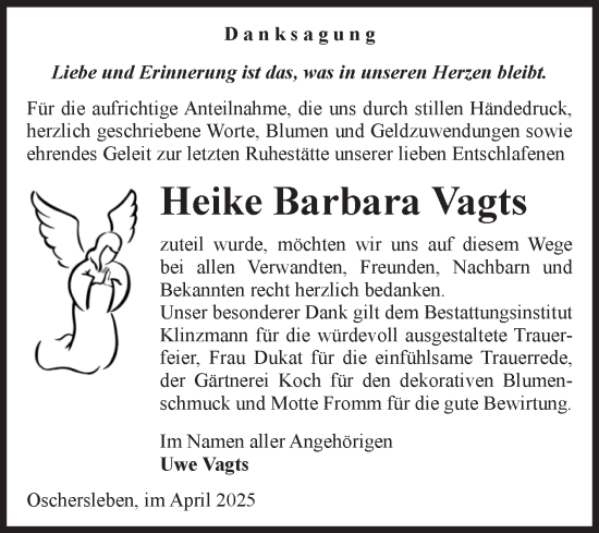Traueranzeige von Heike Barbara Vagts von Volksstimme Oschersleben/Wanzleben