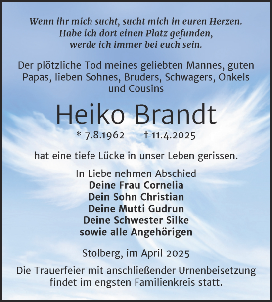 Traueranzeige von Heiko Brandt von Trauerkombi Sangerhausen