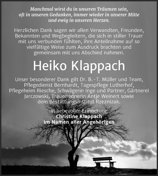 Traueranzeige von Heiko Klappach von Super Sonntag Mansfelder Land