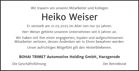 Traueranzeige von Heiko Weiser von Mitteldeutsche Zeitung Quedlingburg