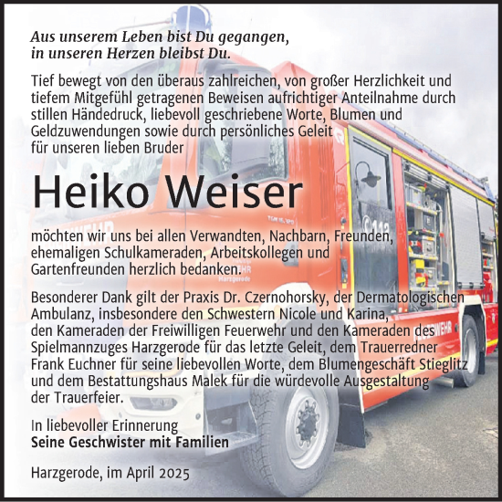 Traueranzeige von Heiko Weiser von Trauerkombi Quedlinburg