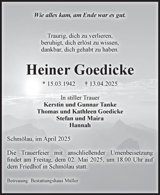 Traueranzeige von Heiner Goedicke von Volksstimme Altmark West