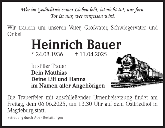 Traueranzeige von Heinrich Bauer von Volksstimme Magdeburg