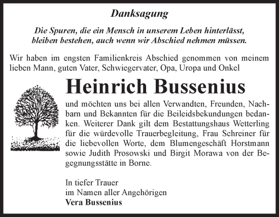 Traueranzeige von Heinrich Bussenius von Volksstimme Staßfurt