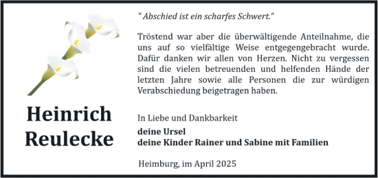 Traueranzeige von Heinrich Reulecke von Volksstimme Wernigerode
