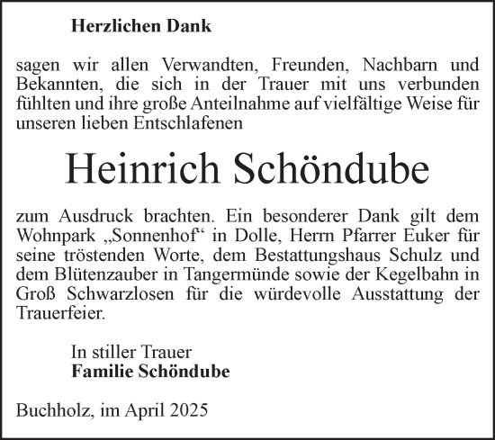 Traueranzeige von Heinrich Schöndube von Volksstimme Altmark Ost