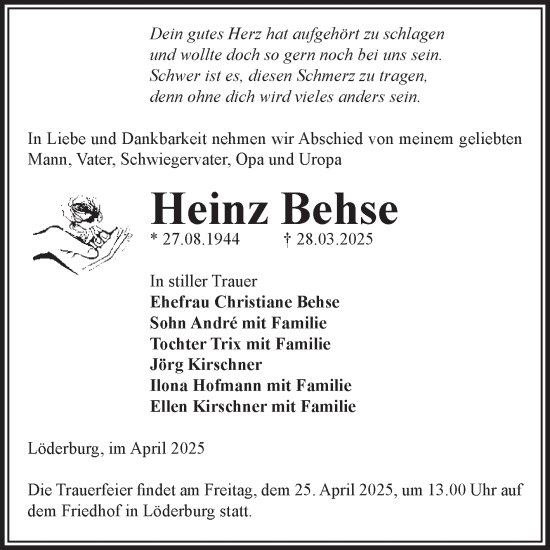 Traueranzeige von Heinz Behse von Volksstimme Staßfurt