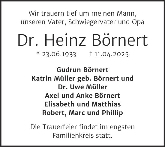 Traueranzeige von Heinz Börnert von Trauerkombi Dessau