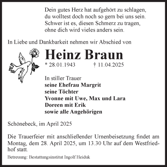 Traueranzeige von Heinz Braun von Volksstimme Schönebeck