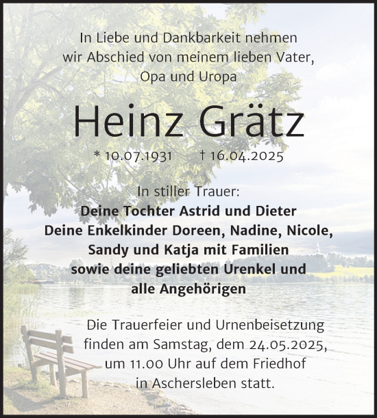 Traueranzeige von Heinz Grätz von Trauerkombi Aschersleben