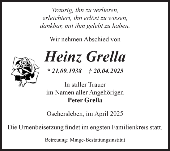 Traueranzeige von Heinz Grella von Volksstimme Oschersleben/Wanzleben