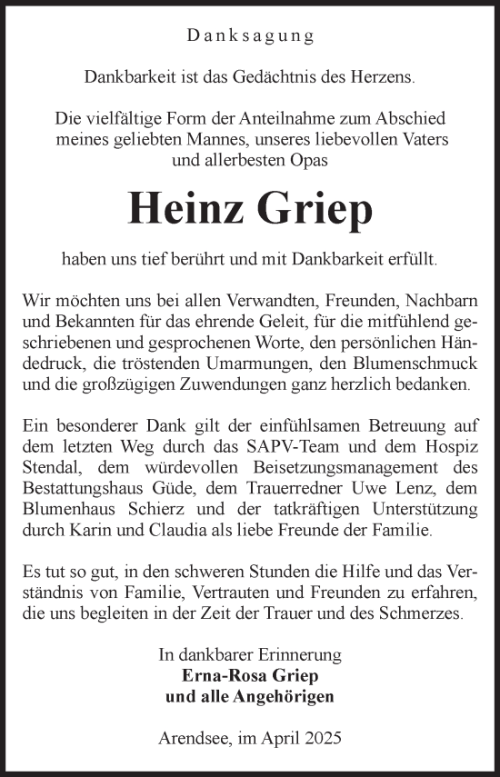Traueranzeige von Heinz Griep von Volksstimme Altmark West