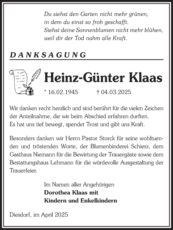 Traueranzeige von Heinz-Günter Klaas von Volksstimme Altmark West
