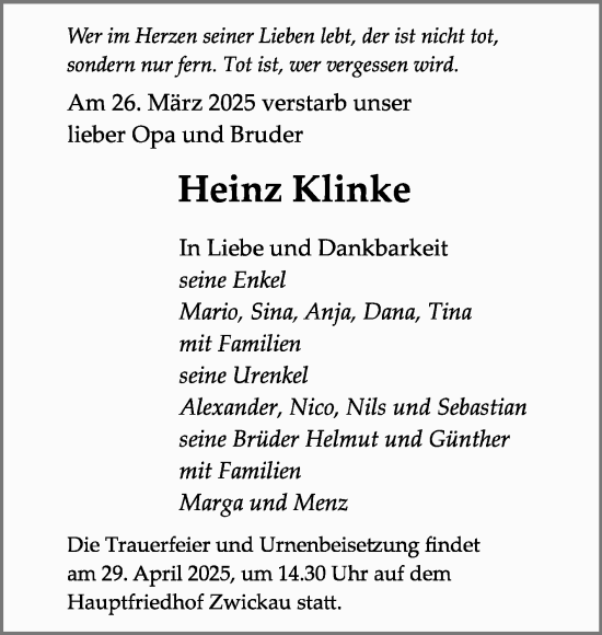 Traueranzeige von Heinz Klinke von Super Sonntag Zeitz